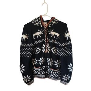 The Alpaca Connection Womens Snowflake Print Cardigan Hood Sweater Black White